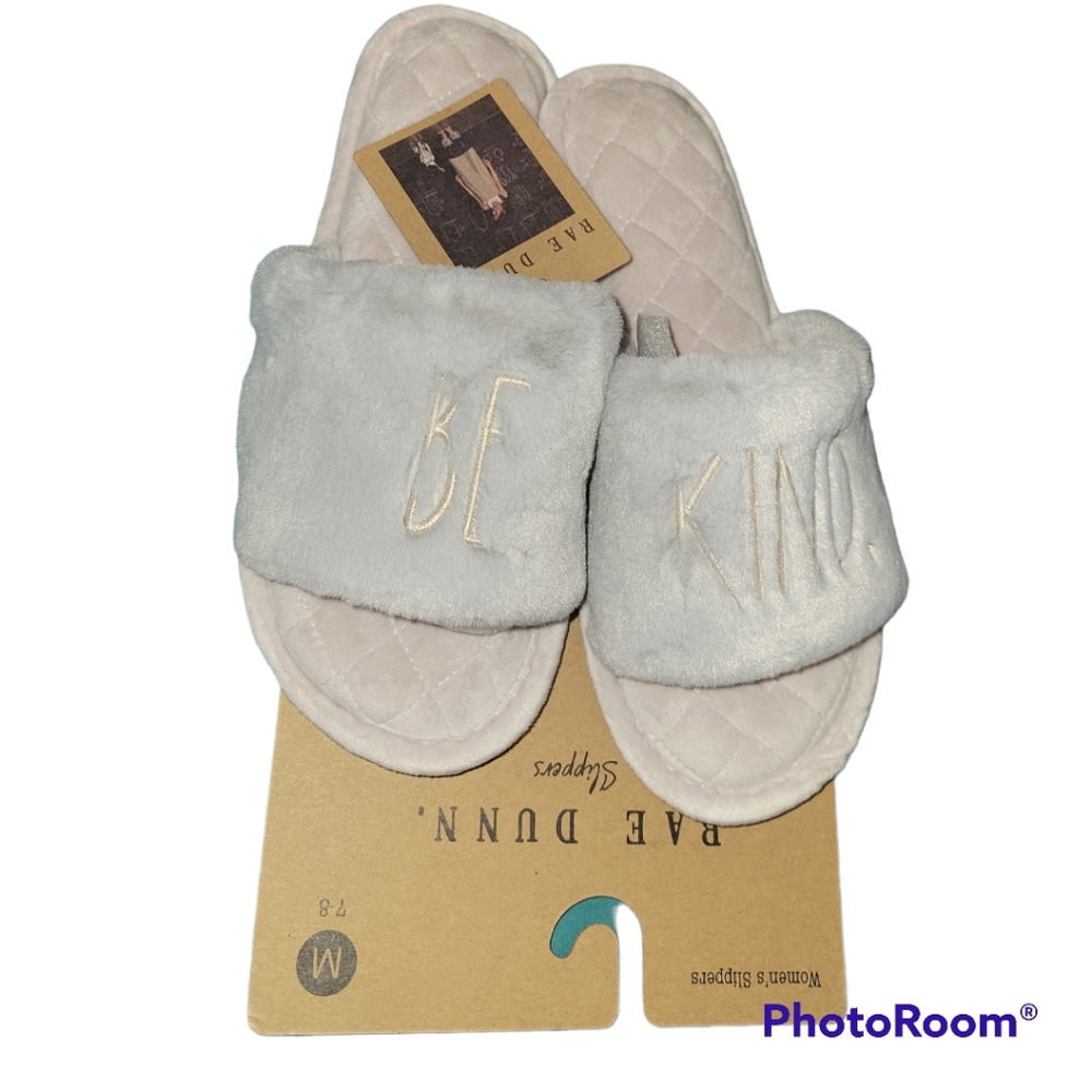 RAE DUNN Be Kind Slide Slippers, M (7/8),Grey, NWT